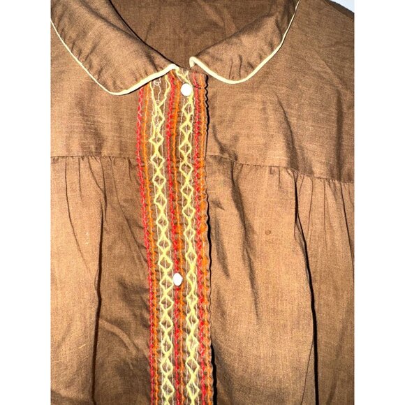 Handmade Brown Short-Sleeve Button-Up Dress With Embroidered Pockets & Collar Tr - Picture 5 of 8